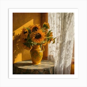 Sunlit Serenity Vibrant Sunflowers In A Golden Room (4) Art Print