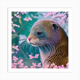 Otter In cherry blossoms pastels Art Print