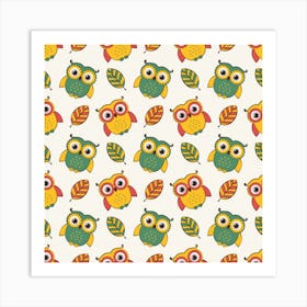 Background With Owls Leaves Pattern Art Print