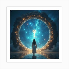 A Woman Standing In Front Of A Magical Portal, Holding A Glowing Key, With Galaxies Swirling Inside Art Print