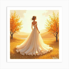 Elegant Gown In Watercolor, Set In A Golden Autumn Landscape 1 Art Print