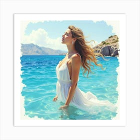 A Graceful Greek Woman In Watercolor, With The Crystal Clear Waters Of The Mediterranean 1 Art Print