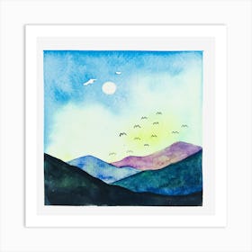 Watercolor Mountain Sunset Art Print