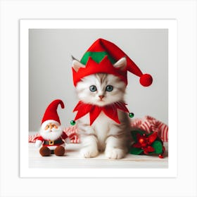 Cute Kitten In Elf Hat Art Print