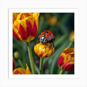 Ladybug On Tulips Art Print