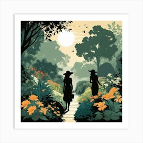 Two Women Walking In The Garden Art Print