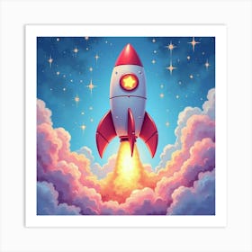 Rocket With A Watercolor Vibrant Stardust Cloud 1 Art Print