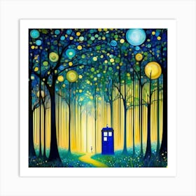 Gustav Klimt forest at night with tardis 1 Art Print