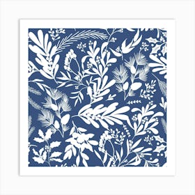 Christmas Botanical Leaves - Blue White Art Print