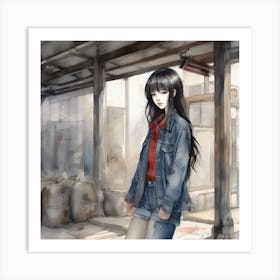 Girl In Denim Jacket Art Print