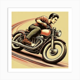 A Guy Riding A Motorcycle Fast Around A Curve Retro Art Stlye 2 Art Print