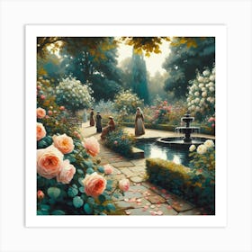 Rose Garden With The Fountain, Acrylic Style Painting 25 Art Print