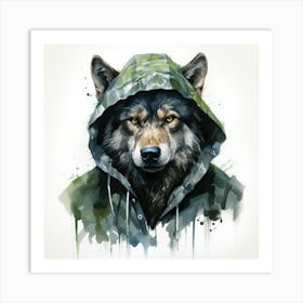 Watercolour Cartoon Wolf In A Hoodie 2 Art Print