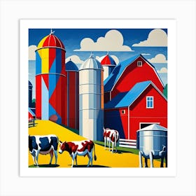 Cows And Silos Cubism Style Art Print