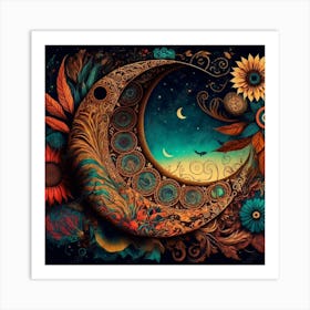 Moon And Flowers 12 Art Print