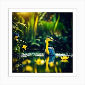 Yellow Necked Blue Bird in Lush Lagoon Art Print