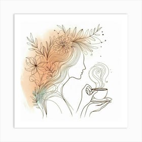 Beauty Side Silhouette With Flowers Drinking Coffee - Line Drawing Art Print