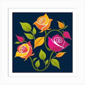 Rose Bushes with Fuchsia and Yellow Flowers Art Print