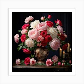 Digital Art Of A Large Vase Cradling An Elegant Arrangement Of Roses And Peonies Bathed In Soft Lig Art Print