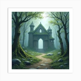 Ancient Enchanted Ruins In A Foggy Forest, Watercolor 1 Art Print