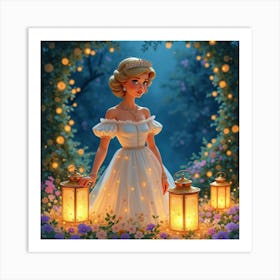 Princess Diana Surrounded By Watercolor Lanterns And Fairy Lights 1 Art Print