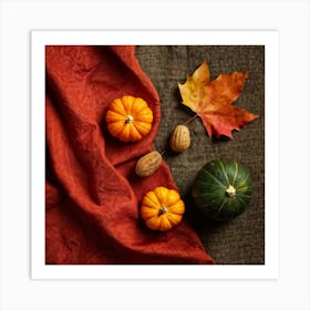 Autumnal Still Life Digital Painting Featuring Maple Leaf And Squash Placed Against Fabric Simulatin Art Print