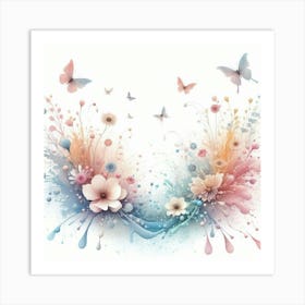 Watercolor Flowers With Butterflies Art Print