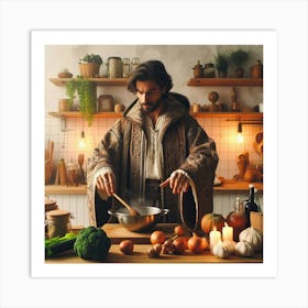 Young mage cooking a meal in a modern kitchen 1 Art Print