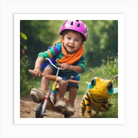 Little Boy Riding A Bike With A Stuffed Animal Art Print