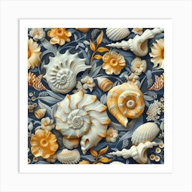 Seamless Pattern With Seashells And Flowers Art Print