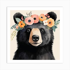 Floral Baby Black Bear Nursery Illustration (5) Art Print