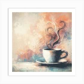 Cup Of Coffee With Steam On The Table Art Print