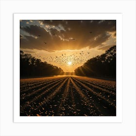 A Sun-Kissed Sky Filled with the Flight of Birds, Their Shadows Dancing Across the Landscape Art Print