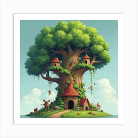 A Whimsical Fairy Village Nestled In The Branches Of A Giant Tree 1 Art Print