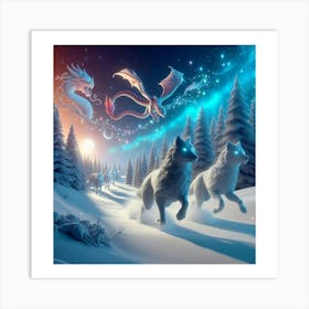 Snowy Wolf Pack Family 2 Art Print