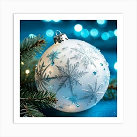 Closeup Of A Shiny White Bauble Adorned With Snowflakes Reflecting The Merry Lights Of A Festive Ch (7) Art Print