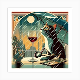 Cat Drinking Wine In The Rain 4 Art Print