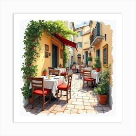 Cozy Italian Trattoria Scene In Watercolor, With Tables And Delicious Food 1 Art Print