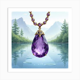 Amethyst Necklace, Watercolor, Tranquil Lake Shore 1 Art Print