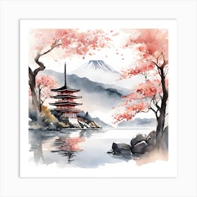 Watercolor Of Japanese Pagoda Art Print