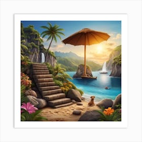 Beach Scene With Stairs And Umbrella Art Print