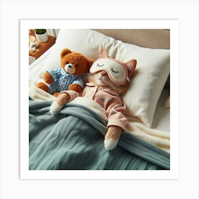 Cat Sleeping With Teddy Bear Art Print