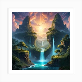 Waterfall In The Mountains Art Print