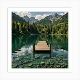 A Serene Lakeside Scene With Crystal Clear Water Reflecting The Lush Green Trees And Surrounding Mountains 1 Art Print