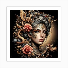 Dragon And Roses 1 Art Print