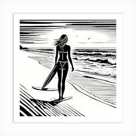 Linocut Black And White Surfer Girl On A Wave art, surfing art, 267 Art Print