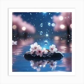 Cherry Blossom Reflections and Water Droplets Art Print