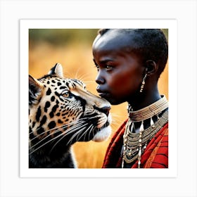 Girl With A Leopard in Savannah Art Print