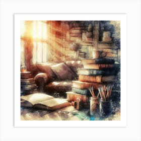 Watercolor Bookshelf Art Print