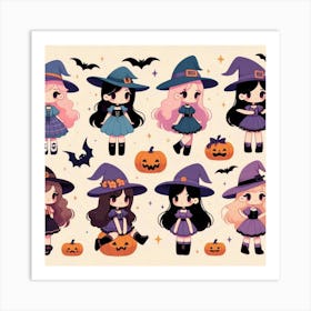 Cute Halloween Witches - Vector style Illustration Art Print